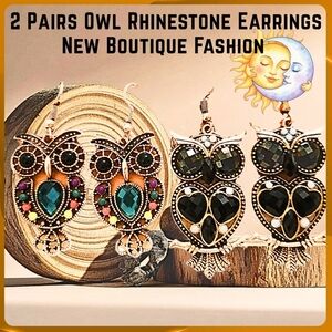Boutique Owl Rhinestone Earrings - Gold Black and Multicolor